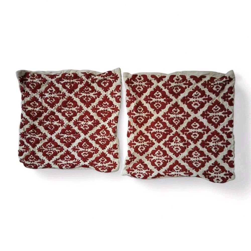 Pottery Barn Pillow Cases Linen Red& Tan Embroidered 18 X 18 (Two)
